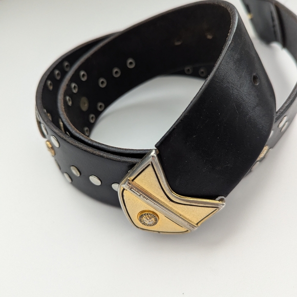 Vintage Unisex Black Studded Leather Sun Medallion Belt - Picture 5 of 11